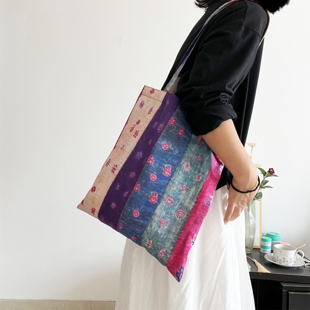 Ethnic pattern cotton canvas tote bag, durable stitching, fits iPad, clothes, and shoes for daily use and travel.